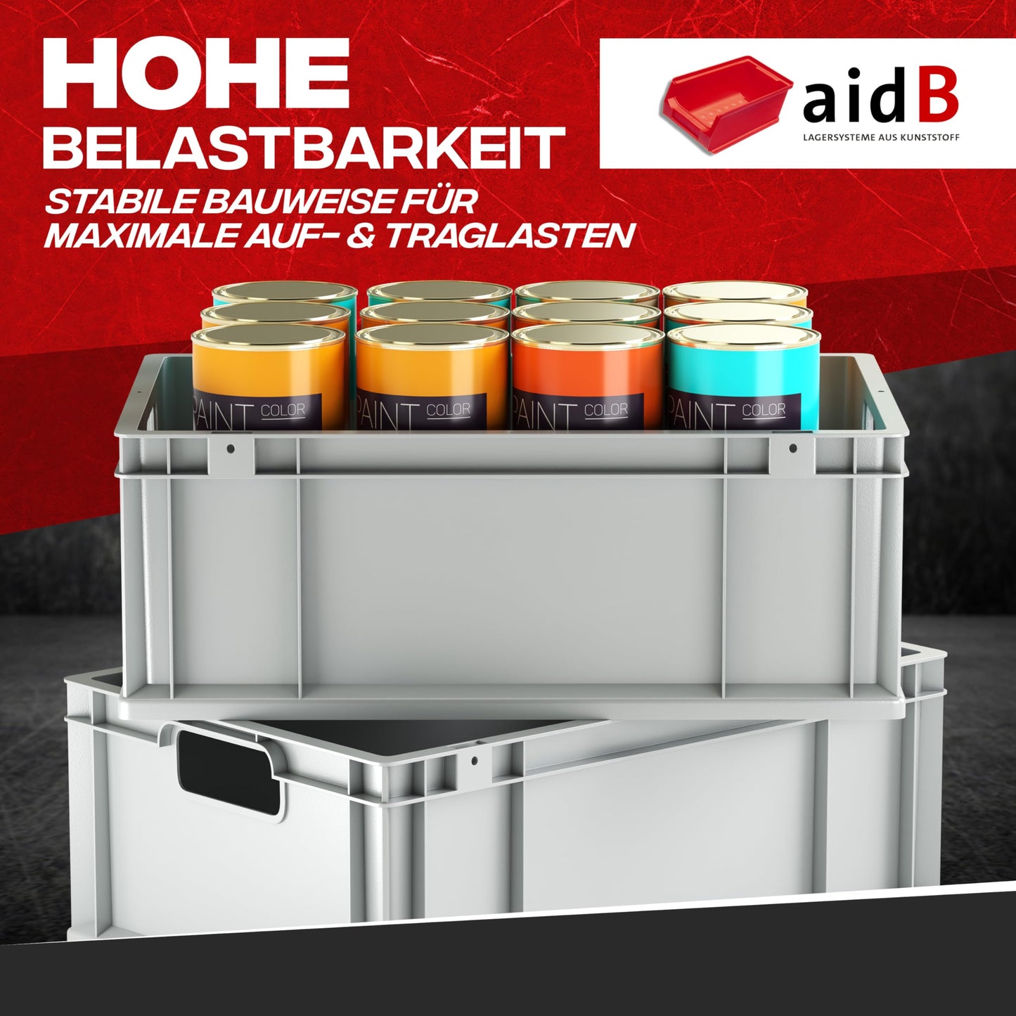 aidB Eurobox NextGen Economy 600x400x220mm – Robuste Aufbewahrungsbox 44L – Stapelbare Kunststoffbox mit offenen Griffen – Plastikbox für Lager, Transport & Aufbewahrung – Industriequalität - Grau