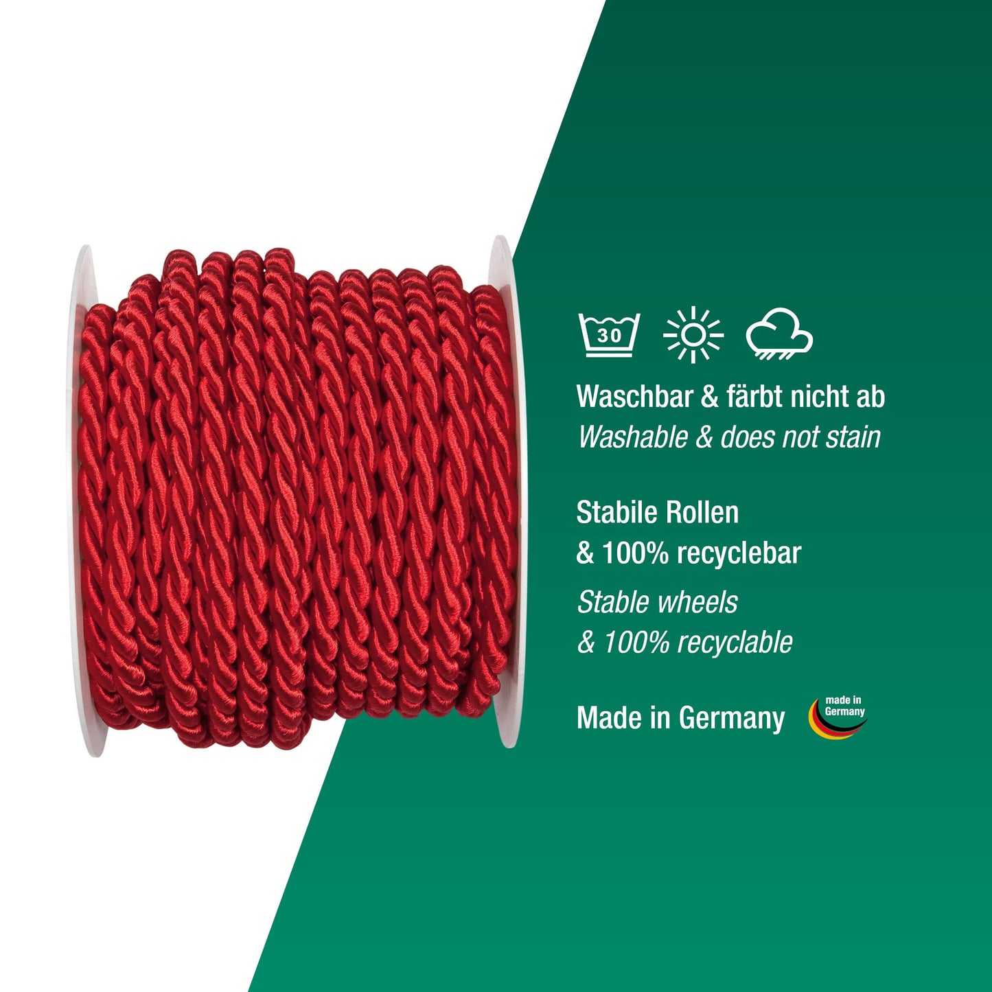 Halbach Seidenbänder Premium Kordel (rot) | Breite 6mm Länge 10m | Made in Germany & Öko-Tex Zertifiziert | glänzende Satinkordel aus Acetat