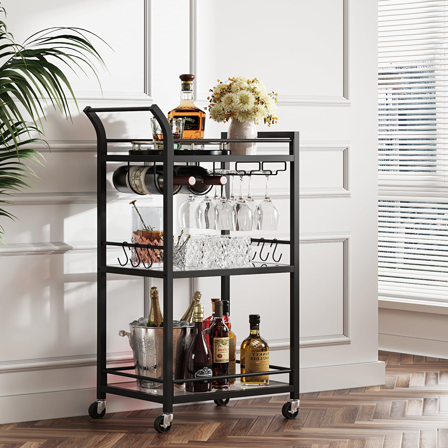TUTOTAK Barwagen Home Bar Servierwagen Mikrowellenwagen Getränkewagen Mobiles Küchenregal mit 3 Ebenen Spiegelregal Weinhalter Glashalter Rollender Getränkewagen Schwarz BC01BK034