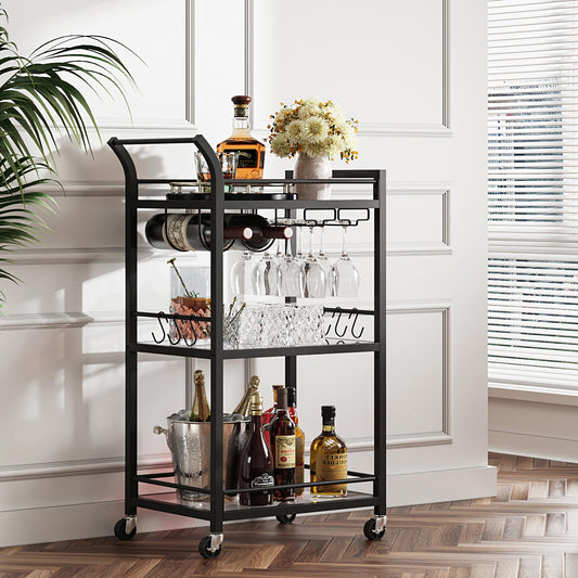 TUTOTAK Barwagen Home Bar Servierwagen Mikrowellenwagen Getränkewagen Mobiles Küchenregal mit 3 Ebenen Spiegelregal Weinhalter Glashalter Rollender Getränkewagen Schwarz BC01BK034