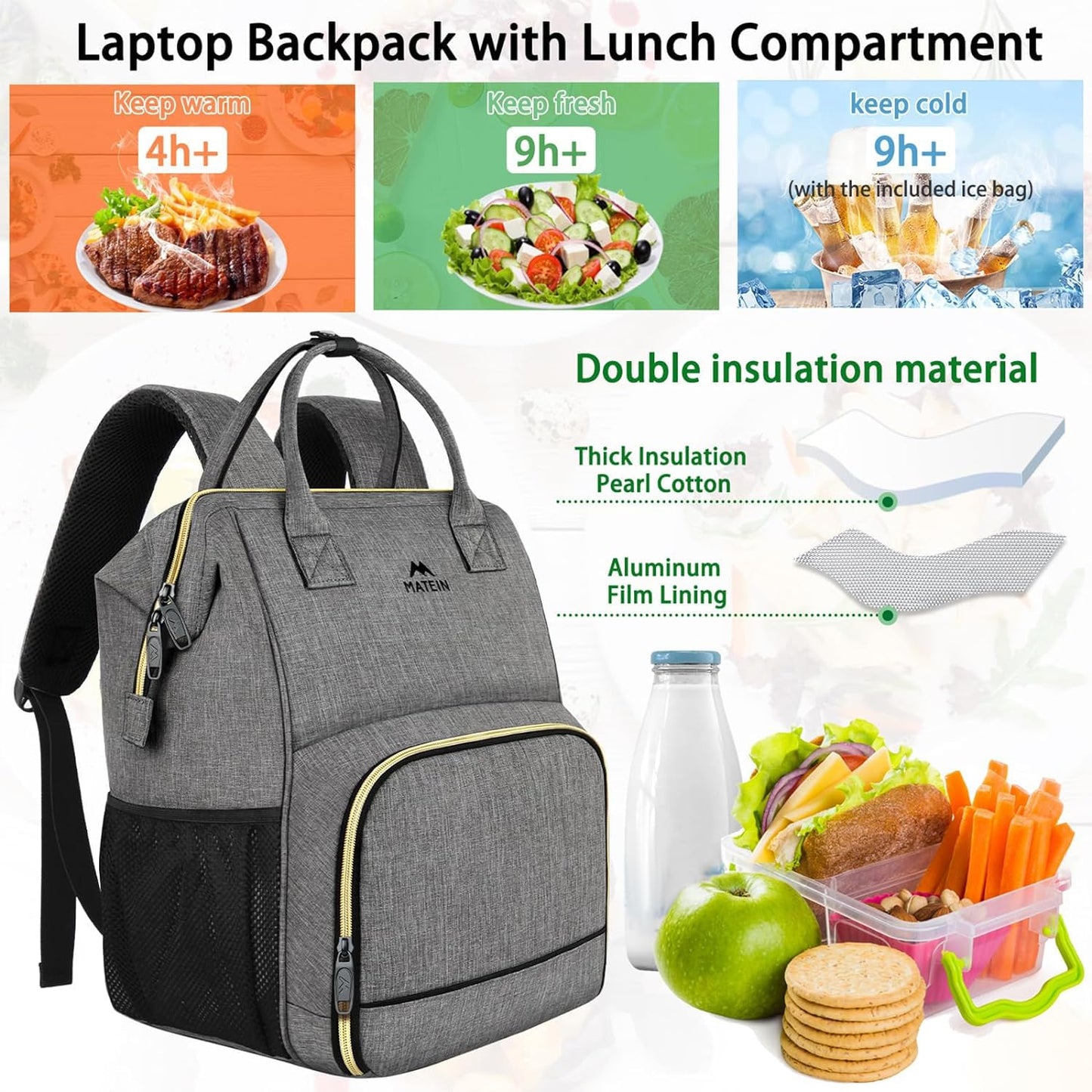 MATEIN Damen Laptop Rucksack 15,6 Zoll mit Isoliertes Kühlfach, Kühlrucksack mit USB Ladeanschluss, Wasserdicht Kühltasche Lunch Tasche für Frauen Herren Arbeit Business, Grau