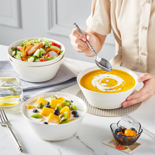 MALACASA Serie REG, Salatschüssel Set, Suppenschalen, 970ML Müslischale Groß, Suppenschalen mit Breitem Durchmesser, Schüssel Set aus Porzellan, Ramen Schüssel, Weiß, 4er Pack
