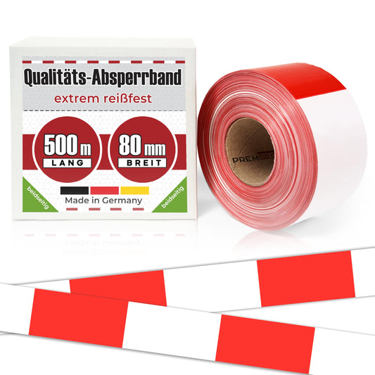Absperrband 500m x 80 mm Flatterband rot weiß Baustelle Feuerwehr Polizei im Karton extrem reißfest 35 µm Baustellenband Sichern von Gefahrenstellen Absperren rotes Warnband für Kinder
