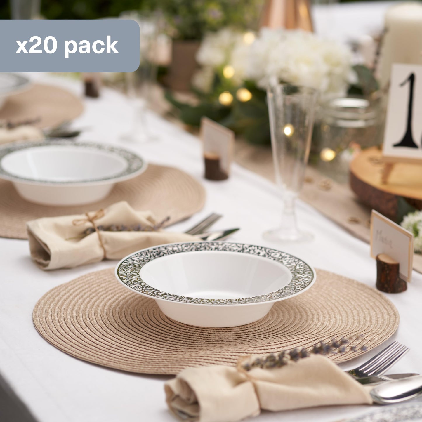 MATANA 20 Weiße Plastikschalen mit Silbernem Rand, 360ml - Dessertschalen, Suppenschalen, Suppenteller für Hochzeiten, Geburtstage, Taufen, Weihnachten & Partys - Mehrweg & Stabil