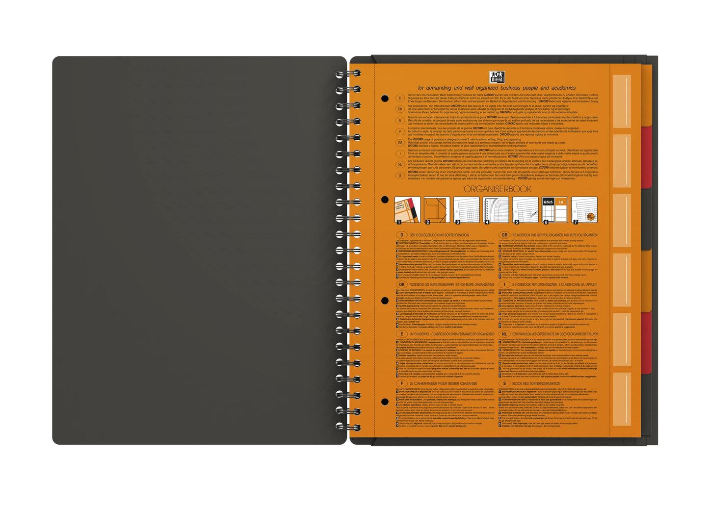 Oxford Organiserbook International A4, kariert, 160 Seiten, Gummizugmappe mit 6 festen Registern