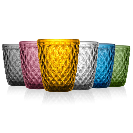 Norqvist Trinkgläser Set bunt - Gläser Set - Wassergläser farbig, Saftgläser - 6er Set 250 ml - Spülmaschinengeeignet - Stapelbar - Modernes Design mit Diamant Muster