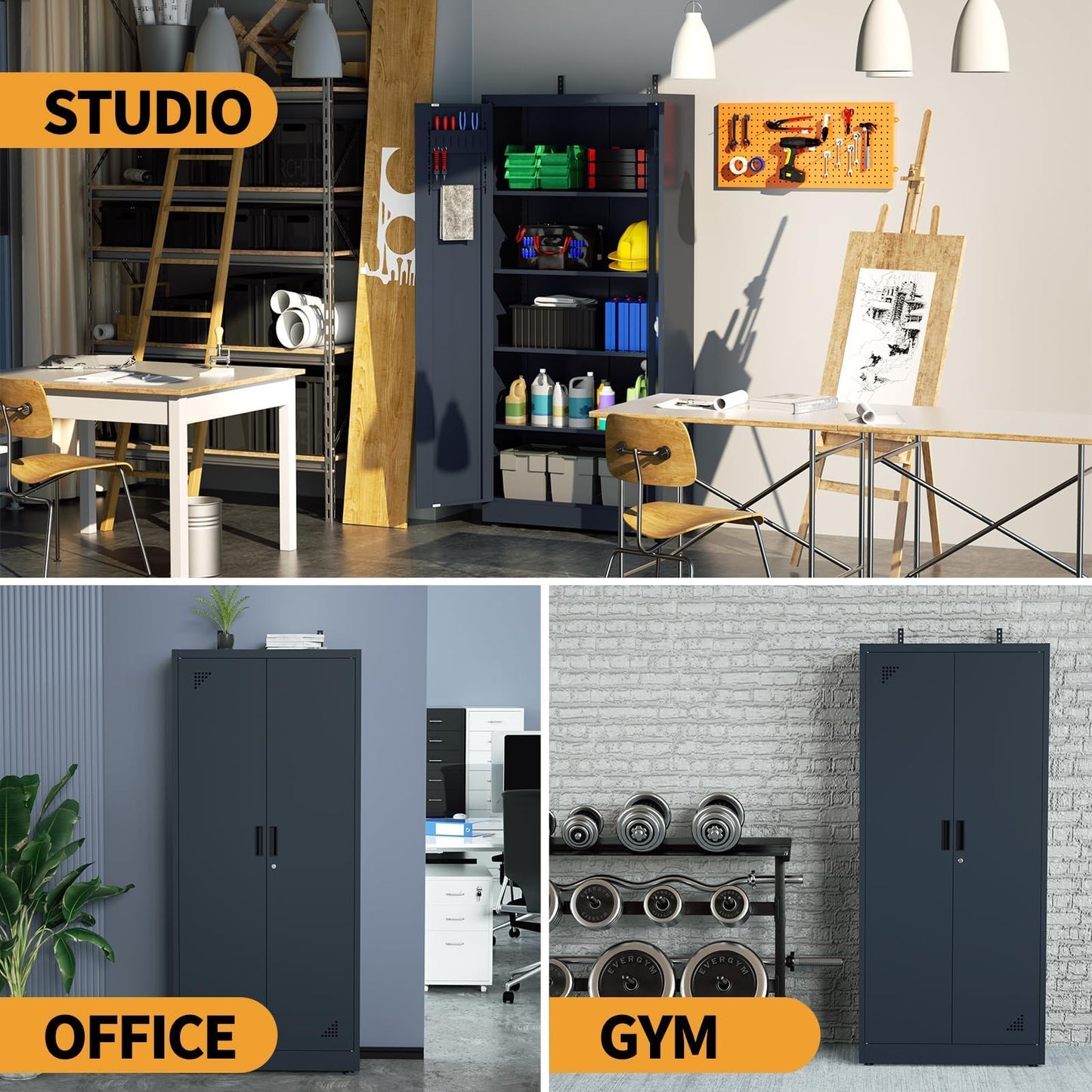VCGGAIP Werkzeugschrank mit 2 Türen und 4 verstellbaren Regalen Aufbewahrungsschränke Garagenschränke abschließbar Metallschrank für Büro, Zuhause, Garage (Dunkelgrau)