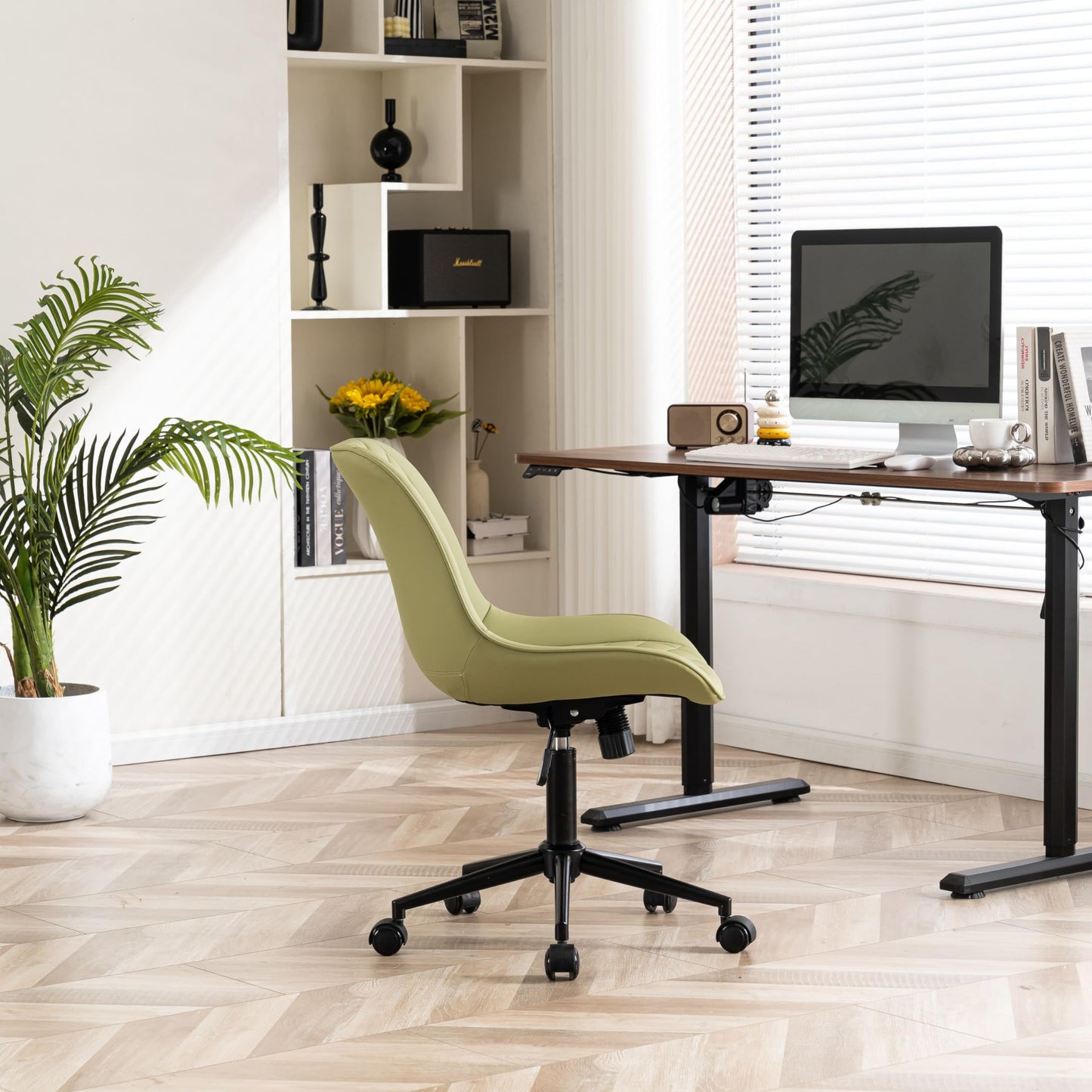 YOUNIKE Bürostuhl Schreibtischstuhl Ergonomisch PU-Leder bis 136 kg Belastbar, Drehstuhl Höhenverstellbar Computerstuhl Ohne Armlehnen, Bürostuhl mit Rückenlehne und Rollen, Avocadogrün