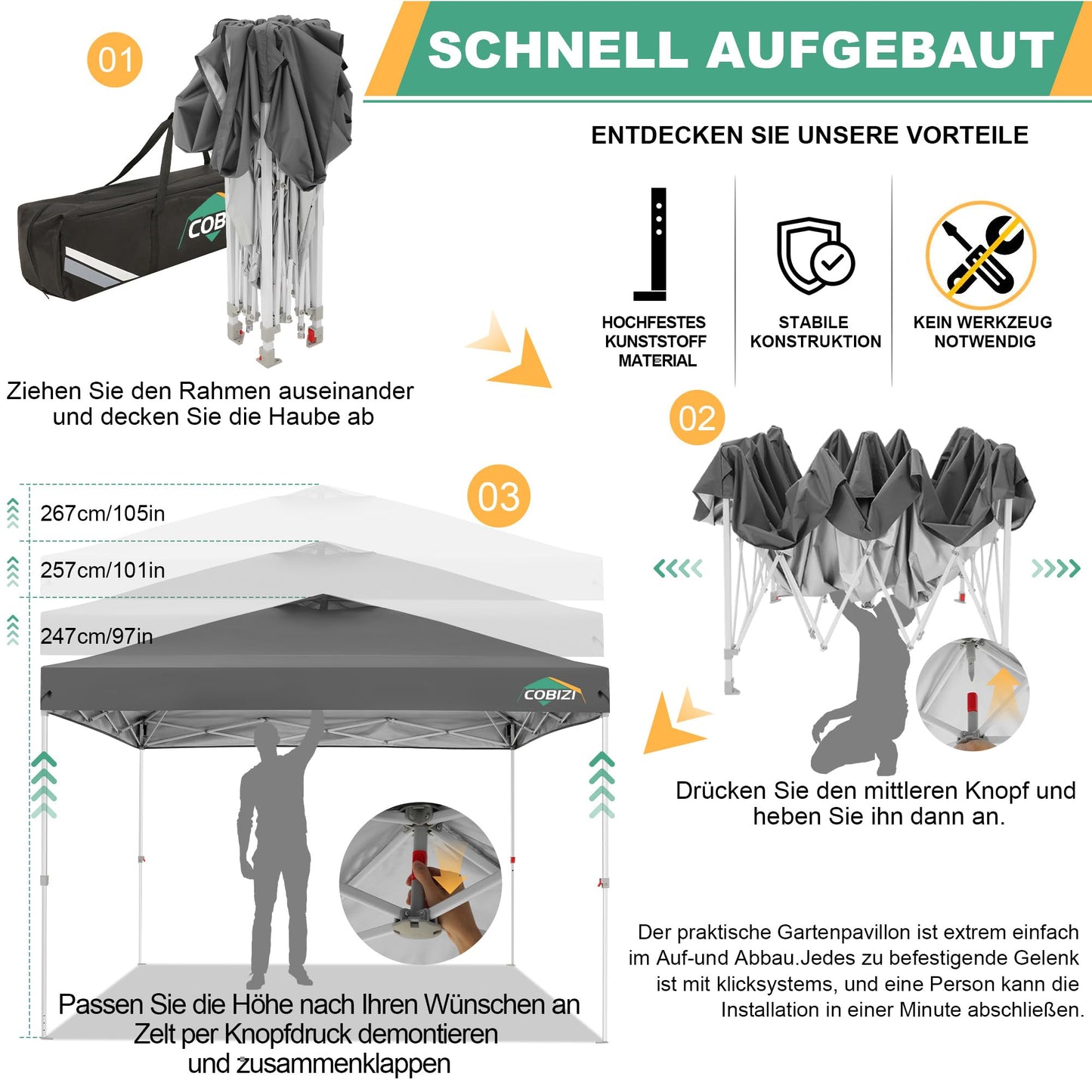 COBIZI Pavillon 3x3 Faltpavillon 3x3 wasserdicht stabil Winterfest mit | Pop-Up Klicksystem | UV-Schutz 50+ | Partyzelt Garten Zelt klappbar 3x3m mit Lüftungsöffnung inkl. Tasche & 8X Erdspieße, Grau