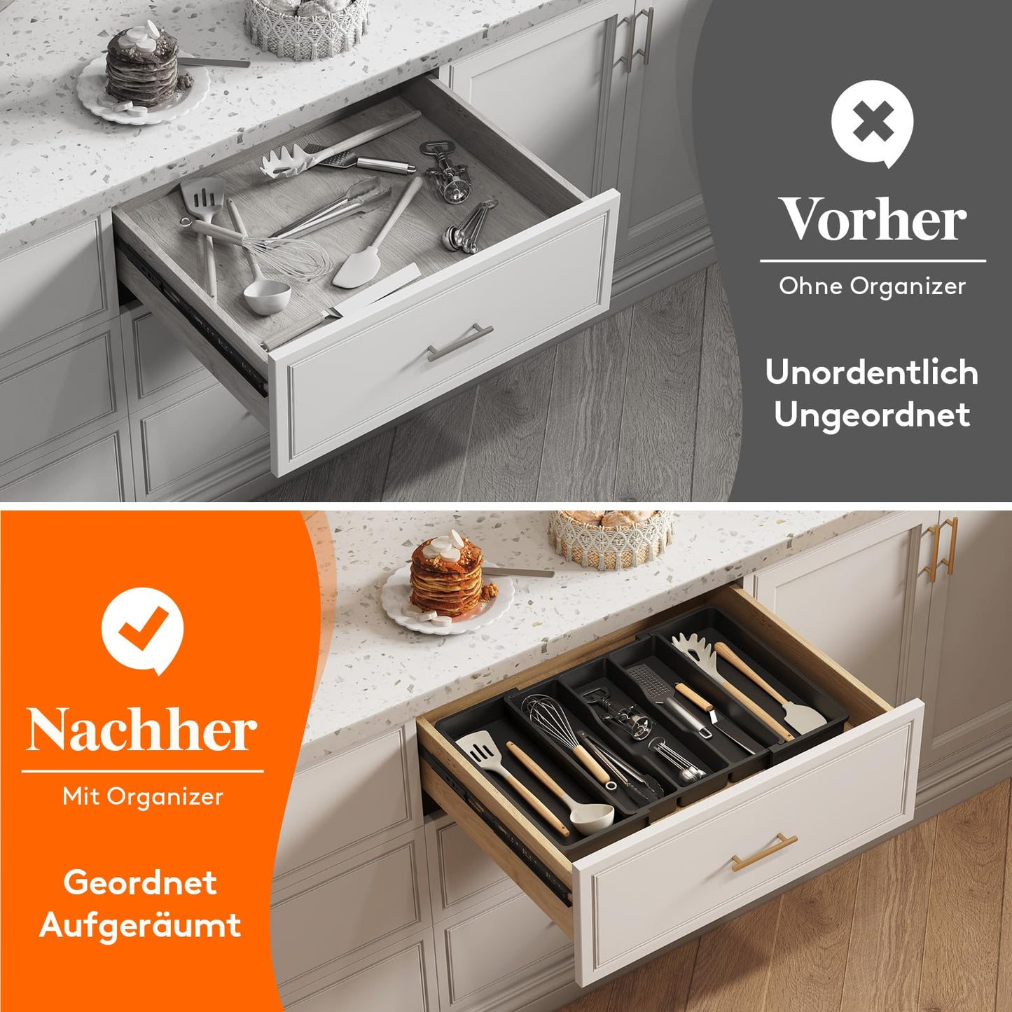 Lifewit Besteckkasten für Schubladen, erweiterbarer großer Besteckkasten für die Küche, verstellbarer Besteckeinsatz für Schubladen, Kunststoff Küchenzubehör, Trenneinsatz, groß, schwarz