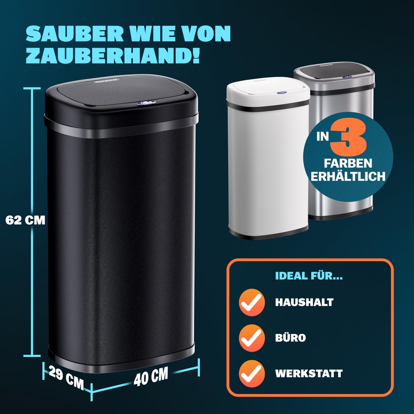 Monzana® Mülleimer mit Sensor Küche 50L Edelstahl Automatik Deckel Klemmring inkl. USB-Kabel Abfalleimer Groß Papierkorb LED Anzeige Schwarz