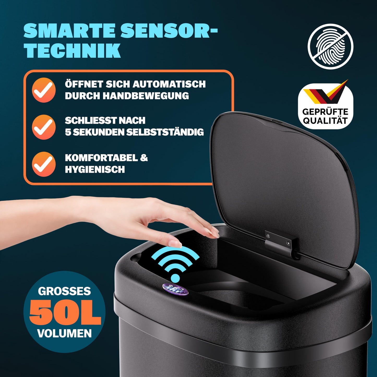 Monzana® Mülleimer mit Sensor Küche 50L Edelstahl Automatik Deckel Klemmring inkl. USB-Kabel Abfalleimer Groß Papierkorb LED Anzeige Schwarz