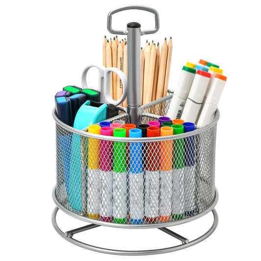 Marbrasse Mesh Schreibtisch Organizer,360Grad Drehbarer Multifunktionaler Stifthalter,4Fächer,Stiftehalter,Aufbewahrungsbox für Zuhause, Büro Stifthalter (Silber)