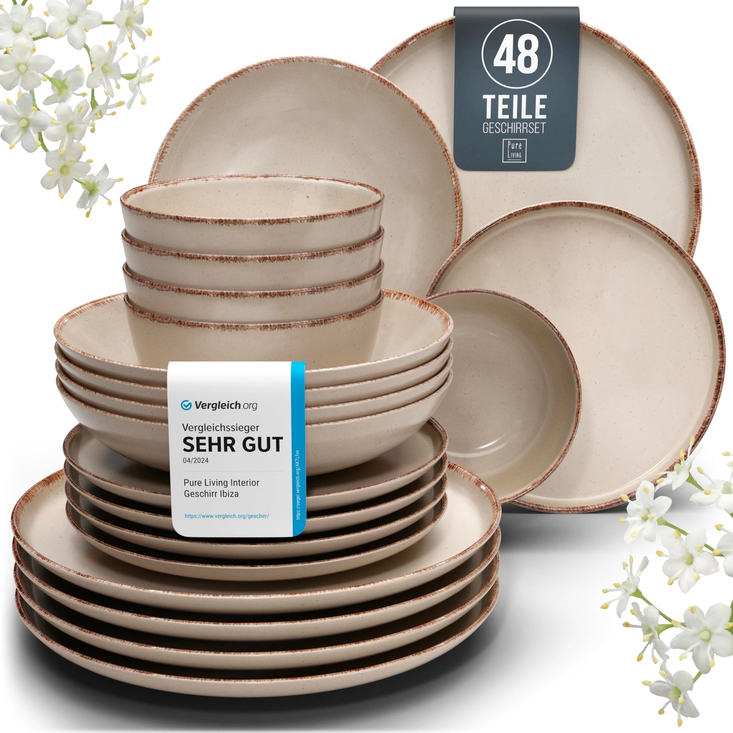 Steingut Geschirrset 12 Pers. Rustic 48-tlg Hochwertiges Landhausstil TEST SEHR GUT Steingut Geschirr Set - Schüssel- und Teller Set - Tafelservice 12 Personen Geschirrsets Pure Living in beige