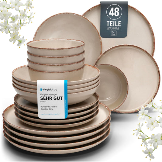 Steingut Geschirrset 12 Pers. Rustic 48-tlg Hochwertiges Landhausstil TEST SEHR GUT Steingut Geschirr Set - Schüssel- und Teller Set - Tafelservice 12 Personen Geschirrsets Pure Living in beige