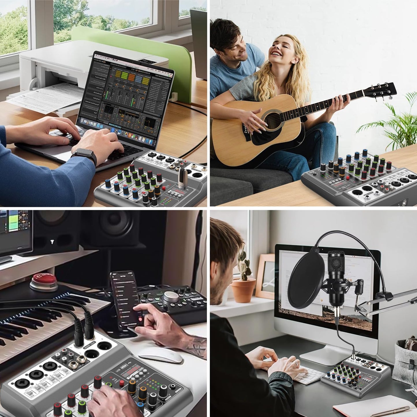 Aveek Professioneller Audio-Mixer, Soundboard-Mischpult mit 5-Kanal-Digital-USB-Bluetooth-Hall-Delay-Effekt, Eingang 48 V Phantomspeisung, Stereo-DJ-Mixer für Aufnahmen, Live-Streaming, Podcasting