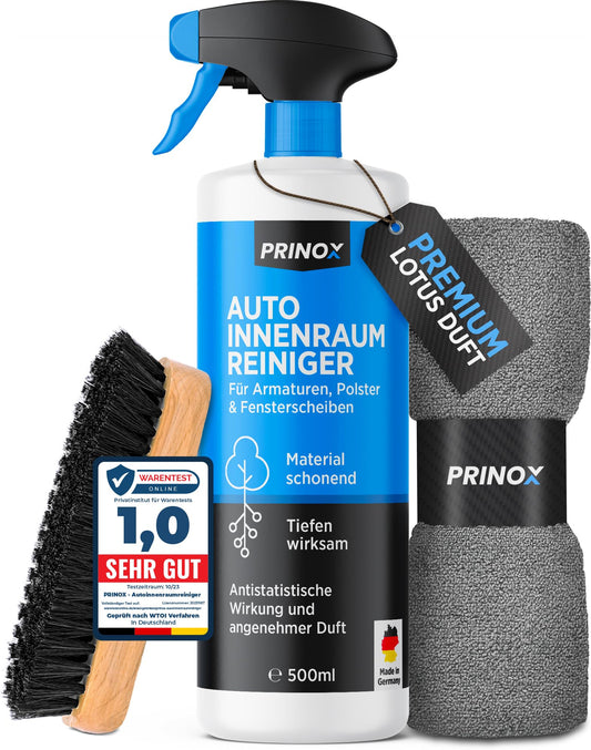 PRINOX® Profi Auto Innenraum Reiniger Set 500ml - Cockpitpflege für die Innen Reinigung von Kunststoff, Polster, Leder & Armaturen - Autopflege Innenraumreiniger mit Bürste - Cockpit Reiniger