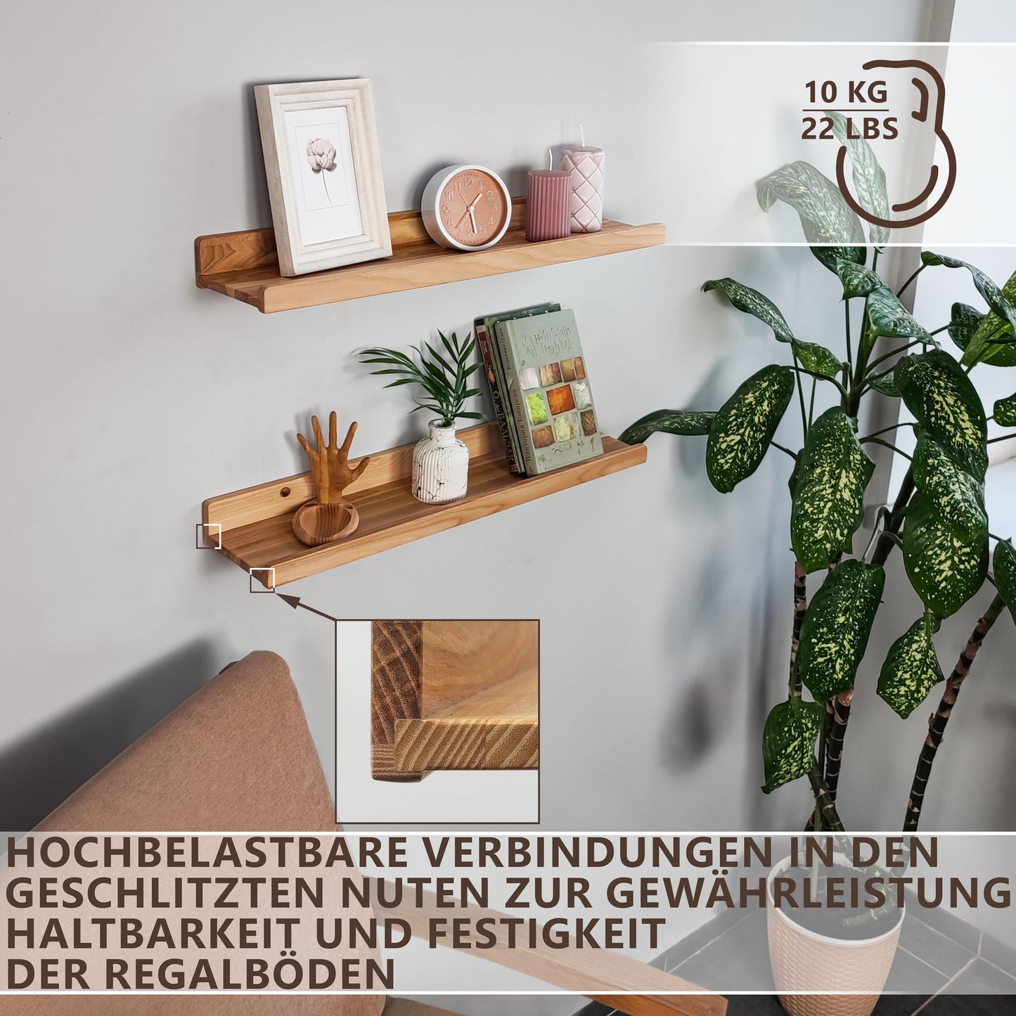 Handgearbeitet 2er-Set Schwebende Wandregal, Rustikale Holzregale mit Lippe, Kinderbücherregale, Bild & Fotoregal für Schlafzimmer, Wohnzimmer, Badezimmer, Küche, Büro (natürlich 60cm)