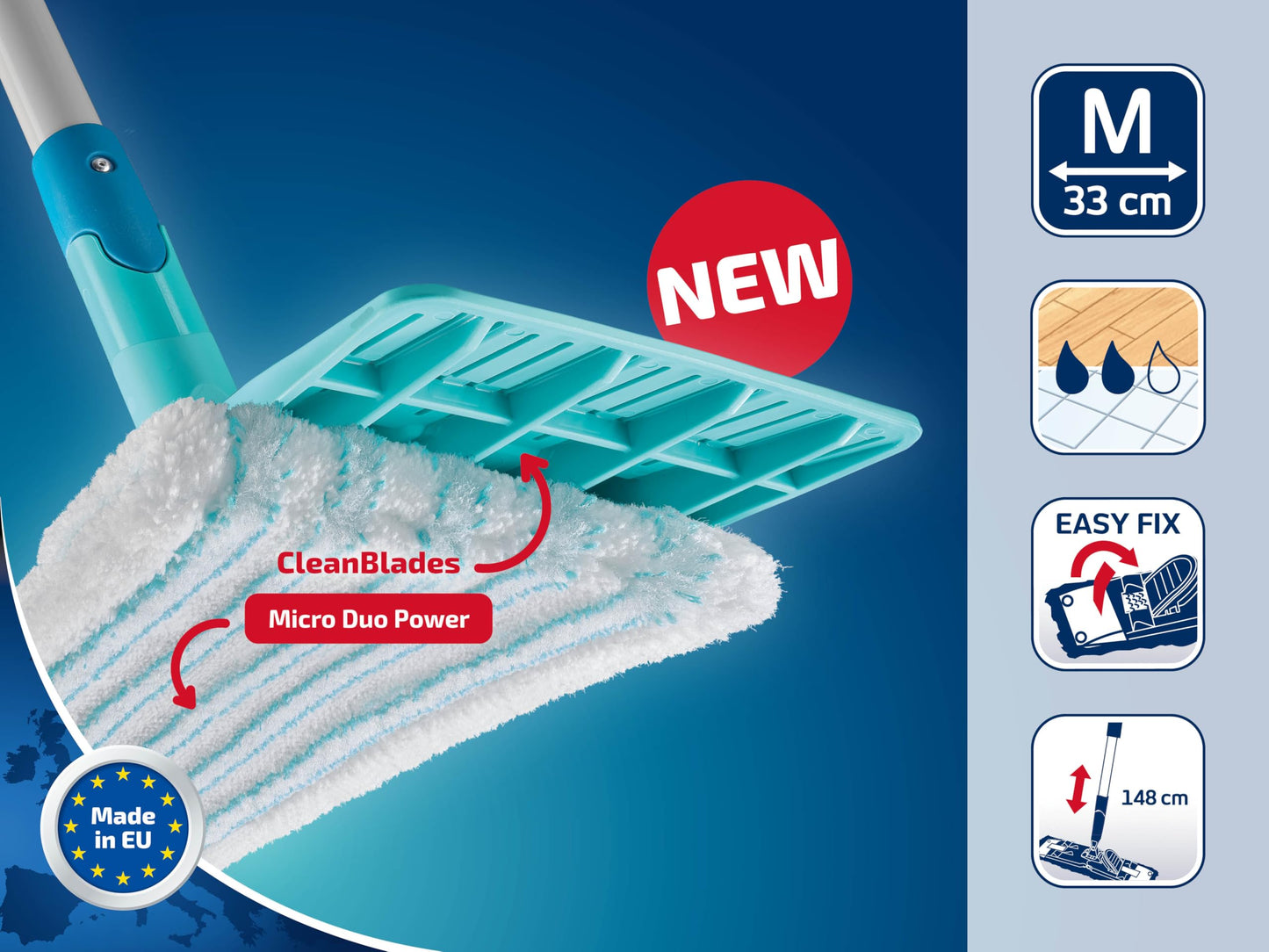 Leifheit Set POWER CLEAN, Wischer für Alle, rückenschonender Bodenwischer mit Reinigungsklingen, Wischtuchpresse, Wischmopp Set mit Eimer und 2x Mikrofaser Wischbezüge für alle Hartböden, Click-System