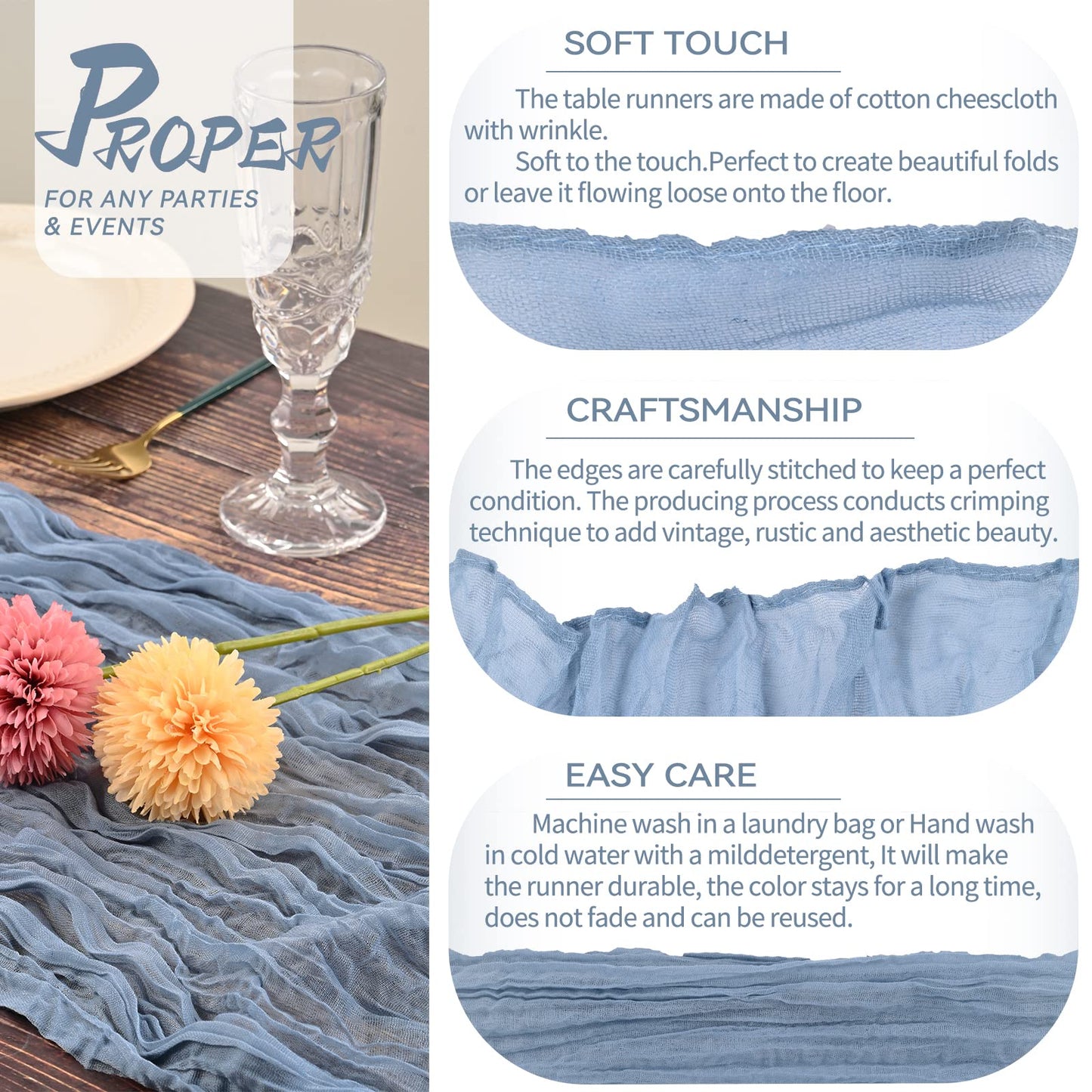 2 Stück Seihtuch-Tischläufer Staubiges Blau,90 x 300 cm Rustikaler Gaze-Stoff Boho-Tischläufer Käsetuch Cheesecloth Tischläufer Hochzeit Tischdecke für Hochzeitsfeier Brautparty Tischdekoration