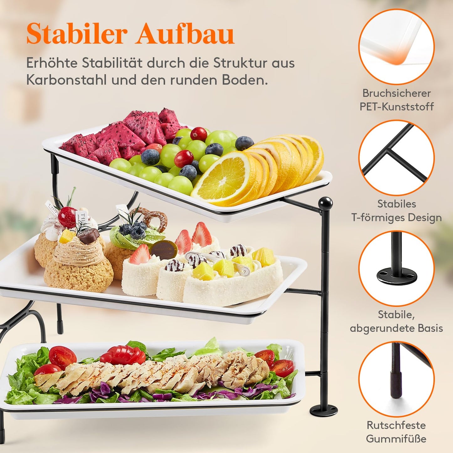 Lifewit 3-stufiges Serviertablett für Partyzubehör, 30x17cm Servierplatte zum Anrichten von Speisen, weiße Wiederverwendbare, Tabletts Obstschale für Gemüse, Obst, Kekse, Desserts, Schwarz