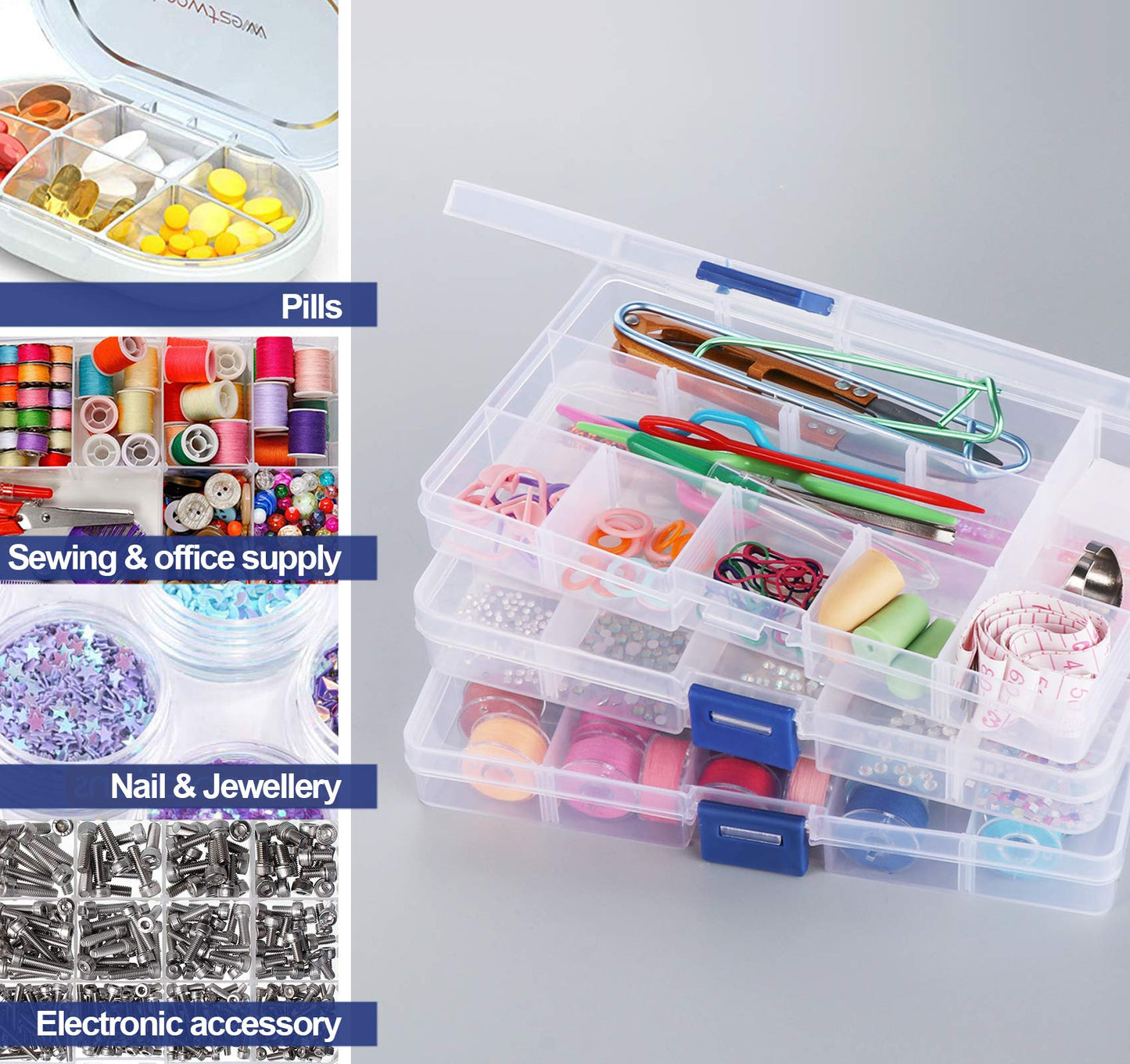 ilauke 6 Stück Fächer Aufbewahrungsbox, Plastik Aufbewahrungsbox Schmuck Aufbewahrungsbox Sortierboxen 15 Raster für Veranstalter Perlen Ohrring, Einstellbar Sortimentskasten