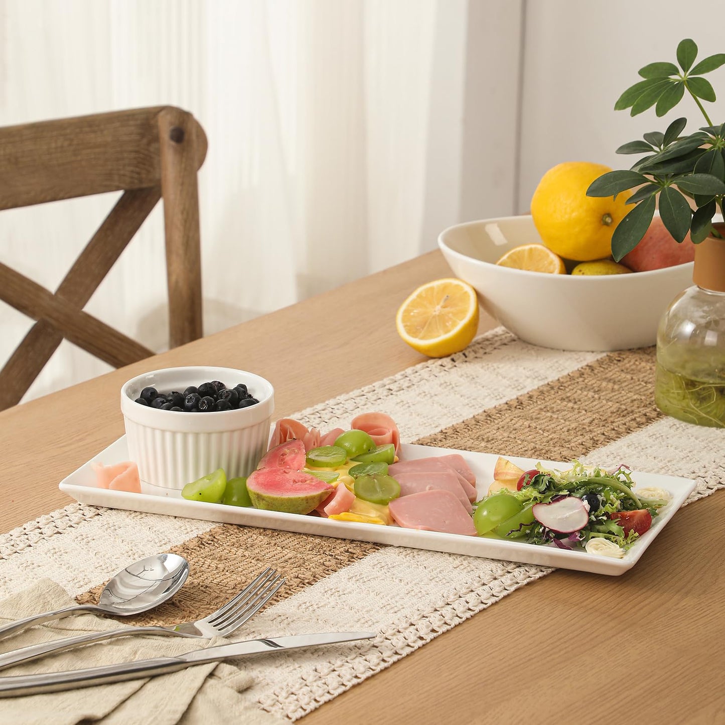 DOWAN Teller Rechteckig, Servierplatten Keramik 36,8 x 15,2 cm, Rechteckige Teller aus Porzellan, Speiseteller für Fleisch, Fisch, Sushi, Gericht usw. Neutral Weiß, 4 Stück