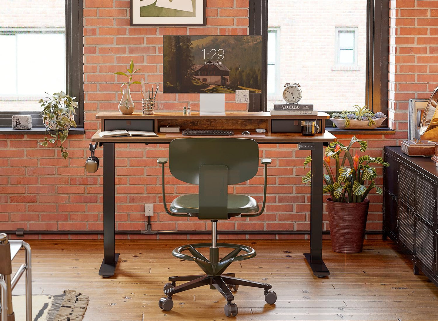 FEZIBO Höhenverstellbarer Elektrischer Stehtisch mit Doppelschublade, 120 x 60 cm Heimbüro Schreibtisch mit Ablagefach, Sitz-Steh-Schreibtisch Computerarbeitsplatz, Rustikal Braun Oberfläche
