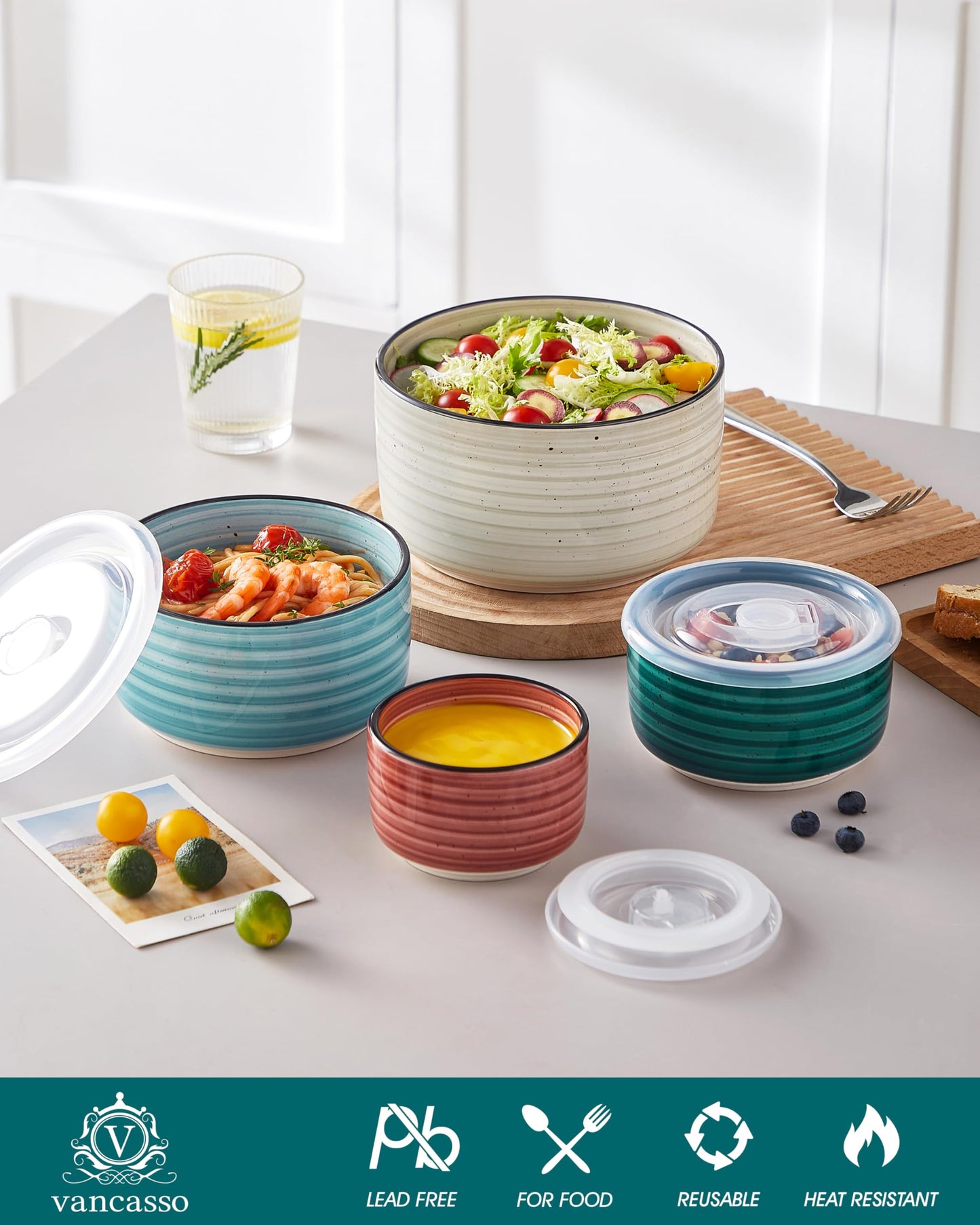 vancasso Bonbon Keramik-Schalen mit Deckel, mikrowellengeeignet, Lebensmittelbehälter für Vorbereitung, Salat, Suppe, Nudeln, Kochen und Servieren, 4 Stück (152 ml, 36 ml, 20 ml, 284 ml), mehrfarbig
