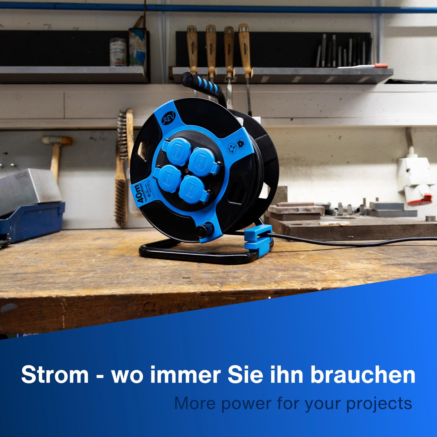 REV Kabeltrommel, IP44, Outdoor, 4 Schutzkontaktsteckdosen, 25m, schwarz