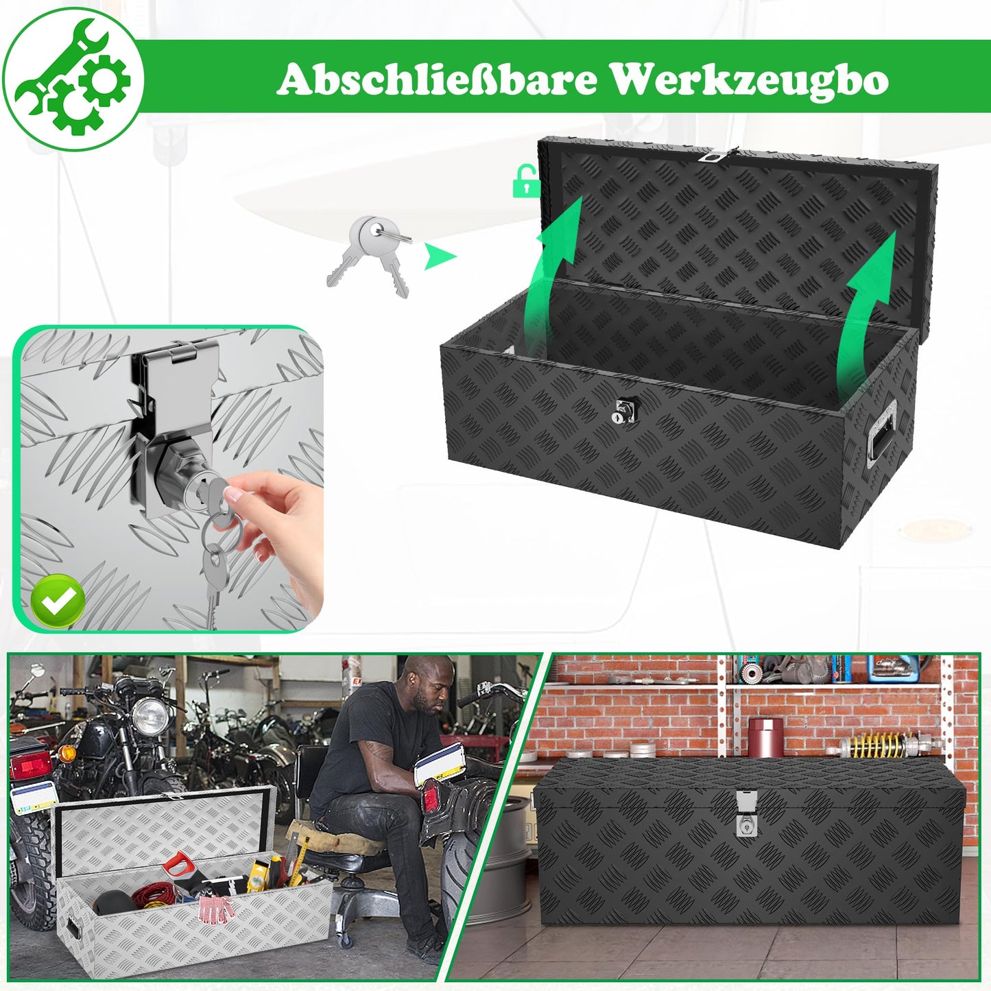 SUBTLETY 38L Aluminium Werkzeugkästen mit 2 Schlüssel Abschließbare Transportbox Wasserdichte Metallkiste Werkzeugkoffer Aufbewahrung Deichselbox mit Deckel Alukiste für PKW Anhänger (Silber)