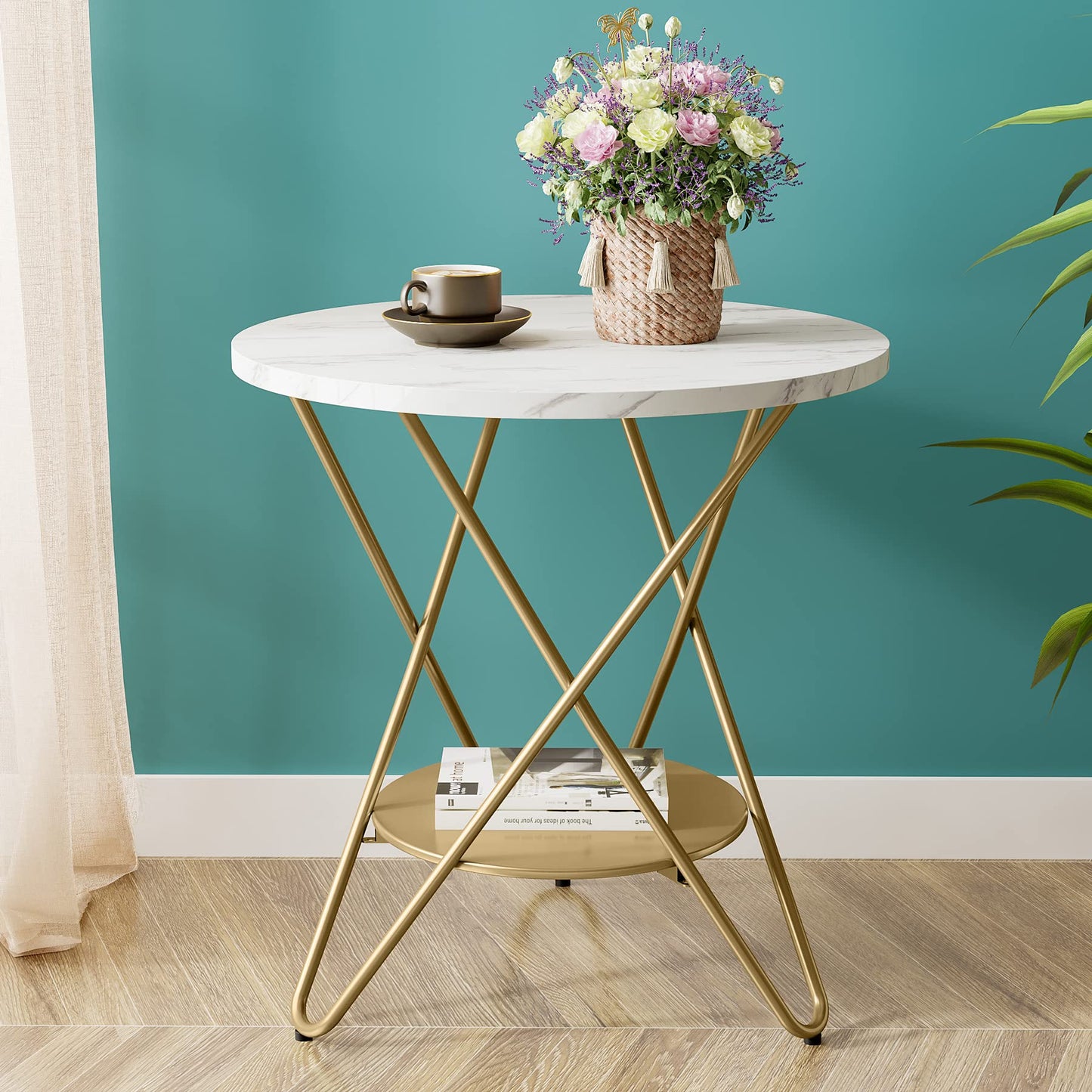 Tribesigns Faux Marmor End-Tisch, 2-stufiger runder Seitentisch, Beistelltisch mit Metalllegen, kleiner Akzent Tisch Snack Tisch für Wohnzimmer, Schlafzimmer, Balcony, Weiß und Gold (1, Weiß und Gold)