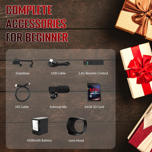 Videokamera 6K Camcorder 64MP 18X Digitalzoom Vlogging Kamera mit IR Nachtsicht für YouTube, HD Webcam Camera WiFi Videokamera mit 4500mAh Akku, SD-Karte, Stabilisator, Mikrofon und 2,4G Fernbedienung