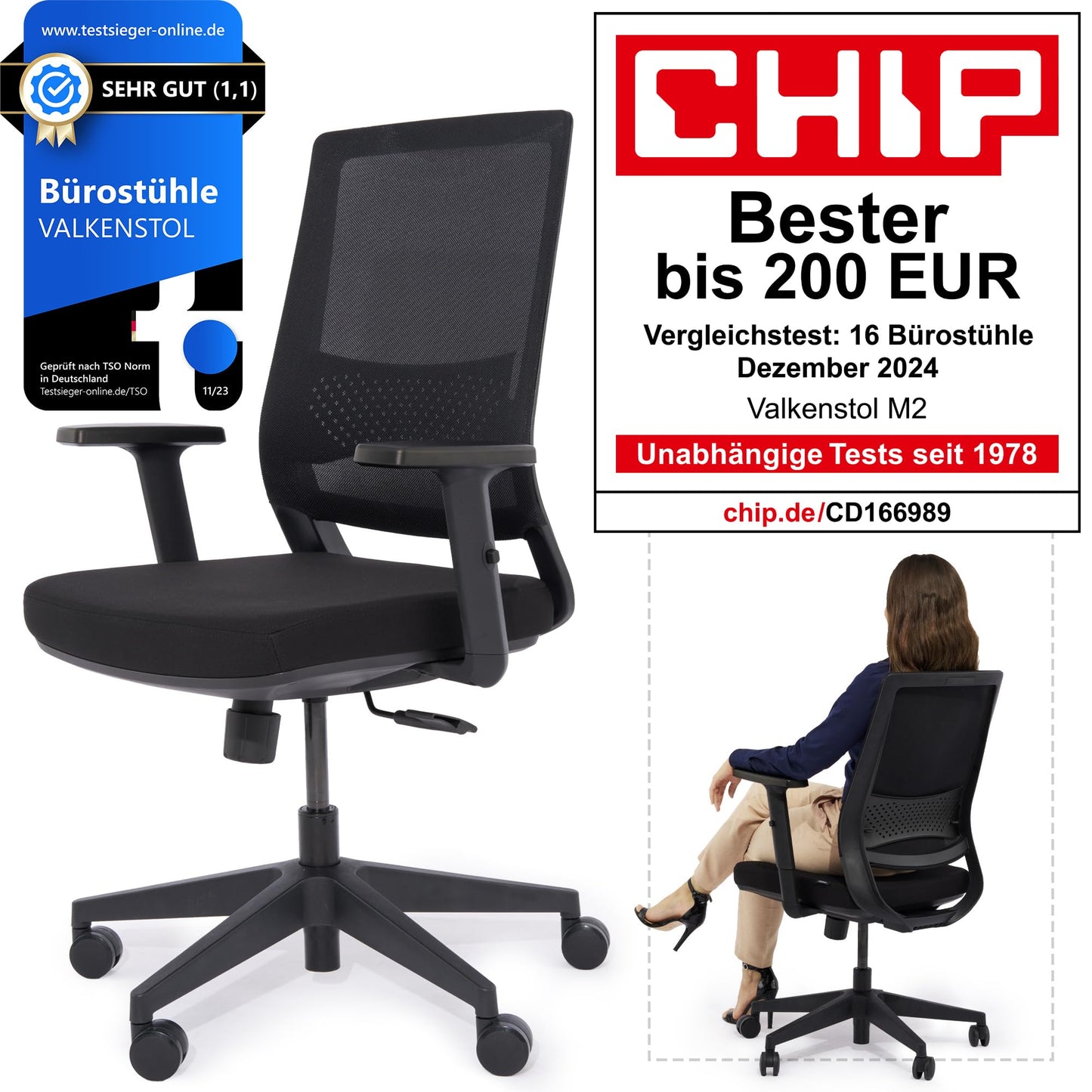 VALKENSTOL M2 Bürostuhl Ergonomisch mit individuell konfigurierbarer Armlehne und Kopfstütze für maximale Bewegungsfreiheit - bequemer ergonomischer Schreibtischstuhl für Büro und Home Office Chair