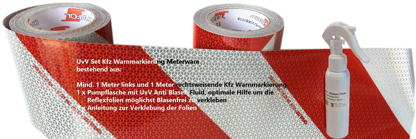 UvV UVORXM16 Orafol 2 Meter Kfz-Warnmarkierung Weiss/rot 141 mm breit je 1 m Links- und Rechts selbstklebend inkl. 1 x UvV Anti-Blasen Fluid (Orafol)