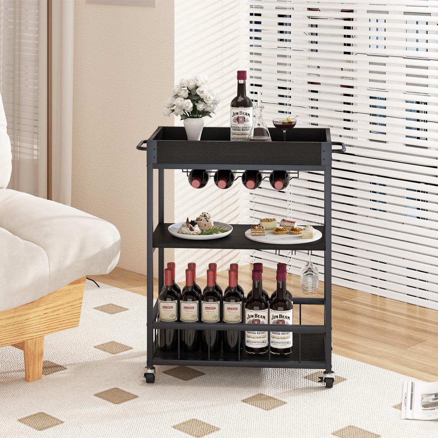 Huhote Servierwagen, Küchenwagen, Barwagen mit Rollen, Weinwagen mit Flaschenhalter, 3 Etagen, Getränkewagen für Wohnzimmer, Esszimmer, Küche, Bar, Party, Schwarz Holzmaserung