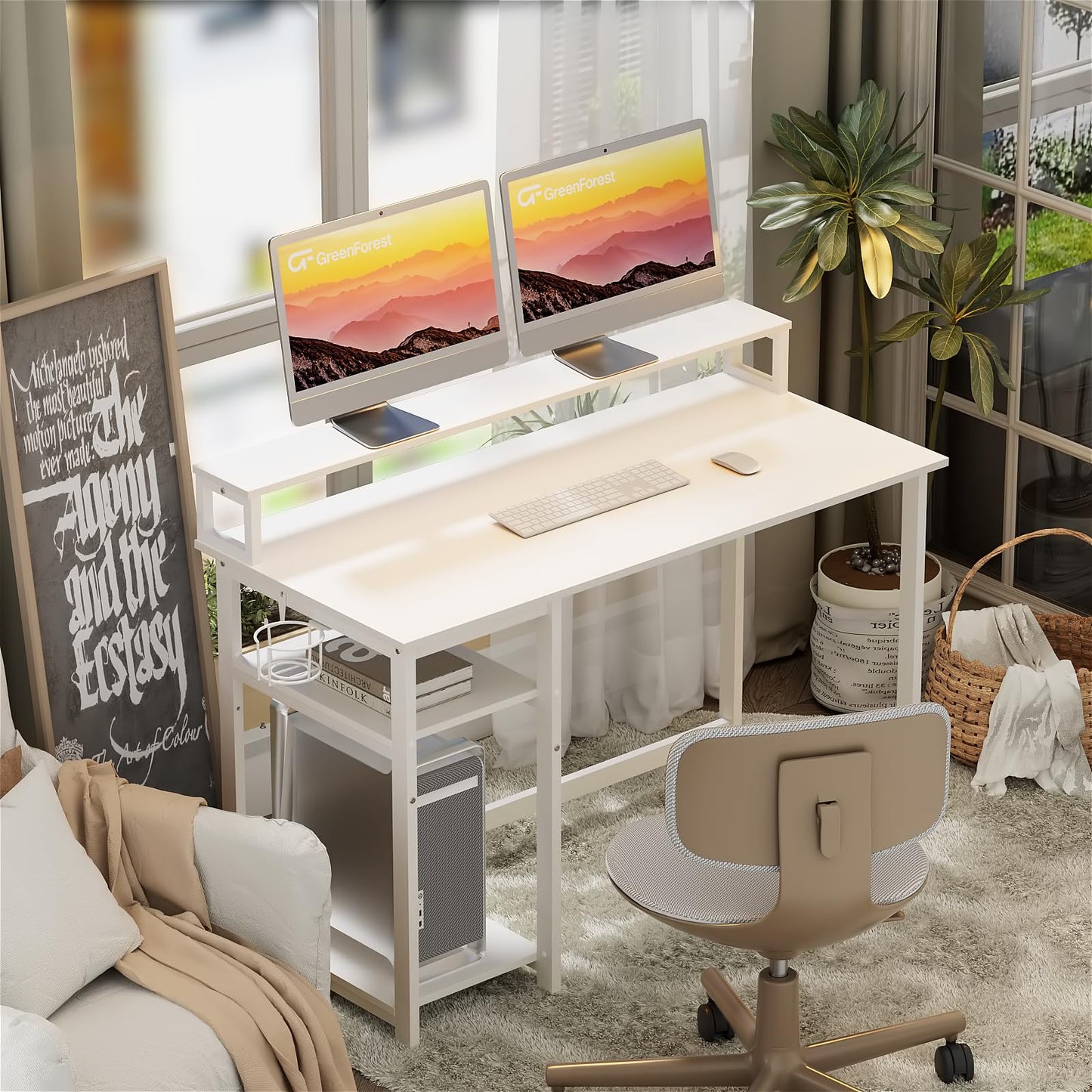 GreenForest 100 x 50 cm Schreibtisch Weiß mit Regal und Monitorständer, Kleiner Schreibtisch Klein, Sekretär Schreibtisch Weiss, Bürotisch für Home Office, Reinweiß