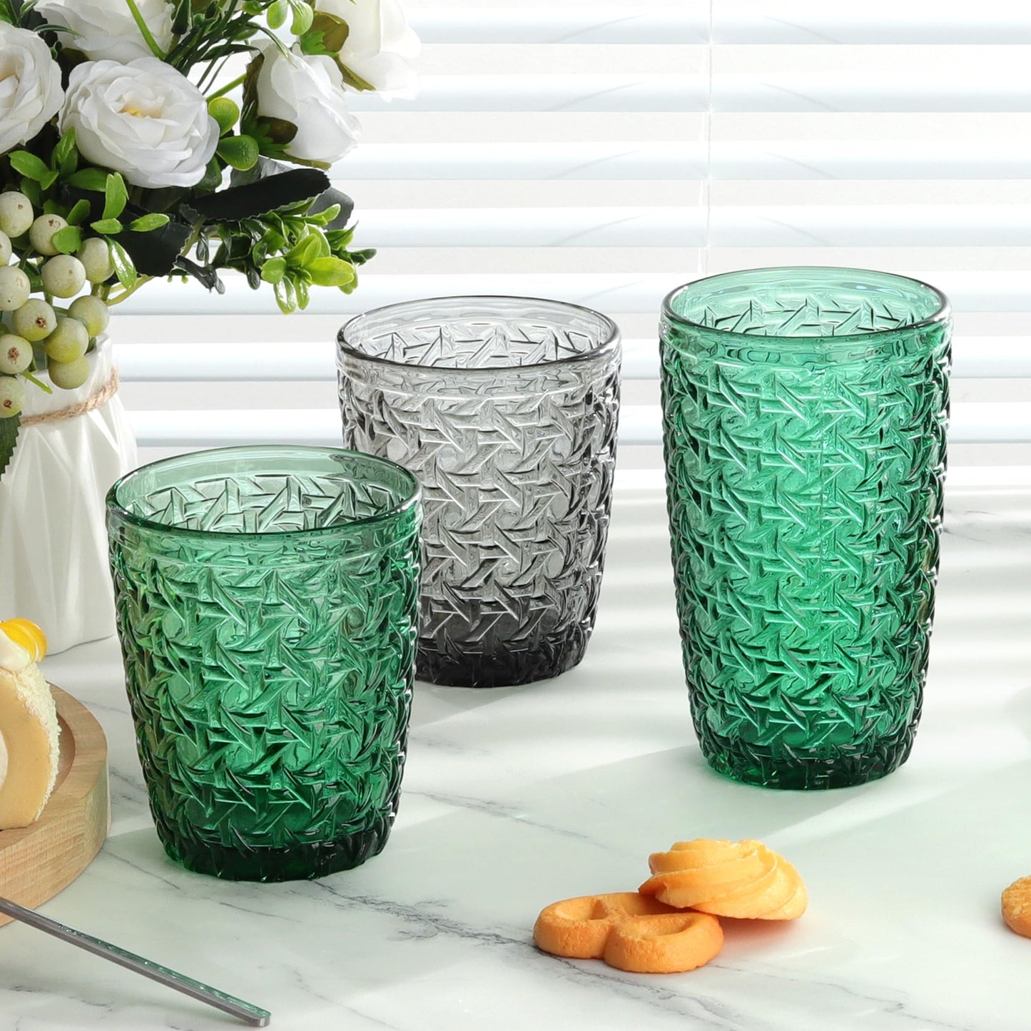 Joeyan 300ml Grün Gläser Set 6 Teilig,Vintage Trinkgläser Bunt mit Geprägtem Design,Farbig Wassergläser Spülmaschinenfest