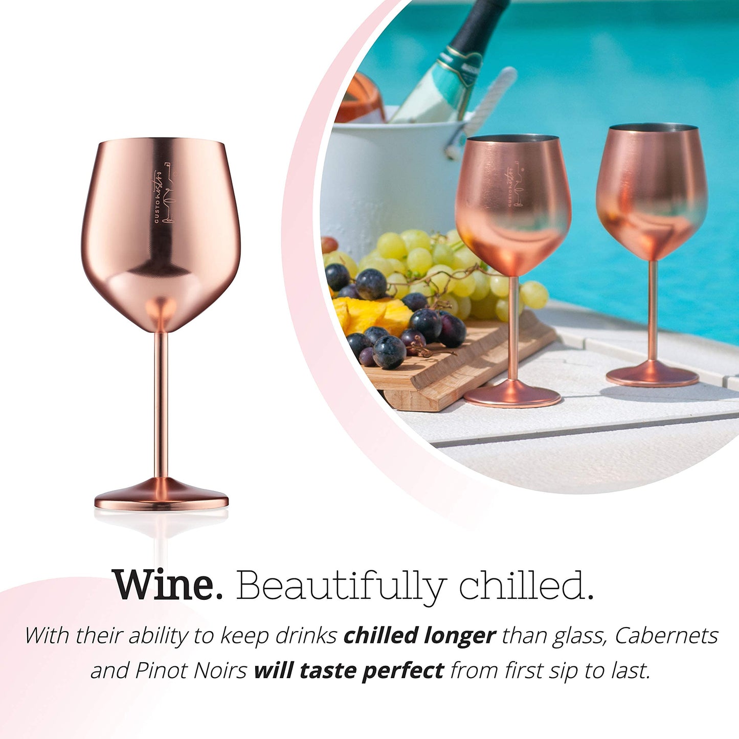 Weingläser mit Stiel aus Edelstahl - Unzerbrechliche Kelche mit 540 ml Fassungsvermögen für Poolpartys im Freien, Jubiläen - Elegantes Trinkgeschirr in Roségold für Champagner und Cocktails (2er Pack)