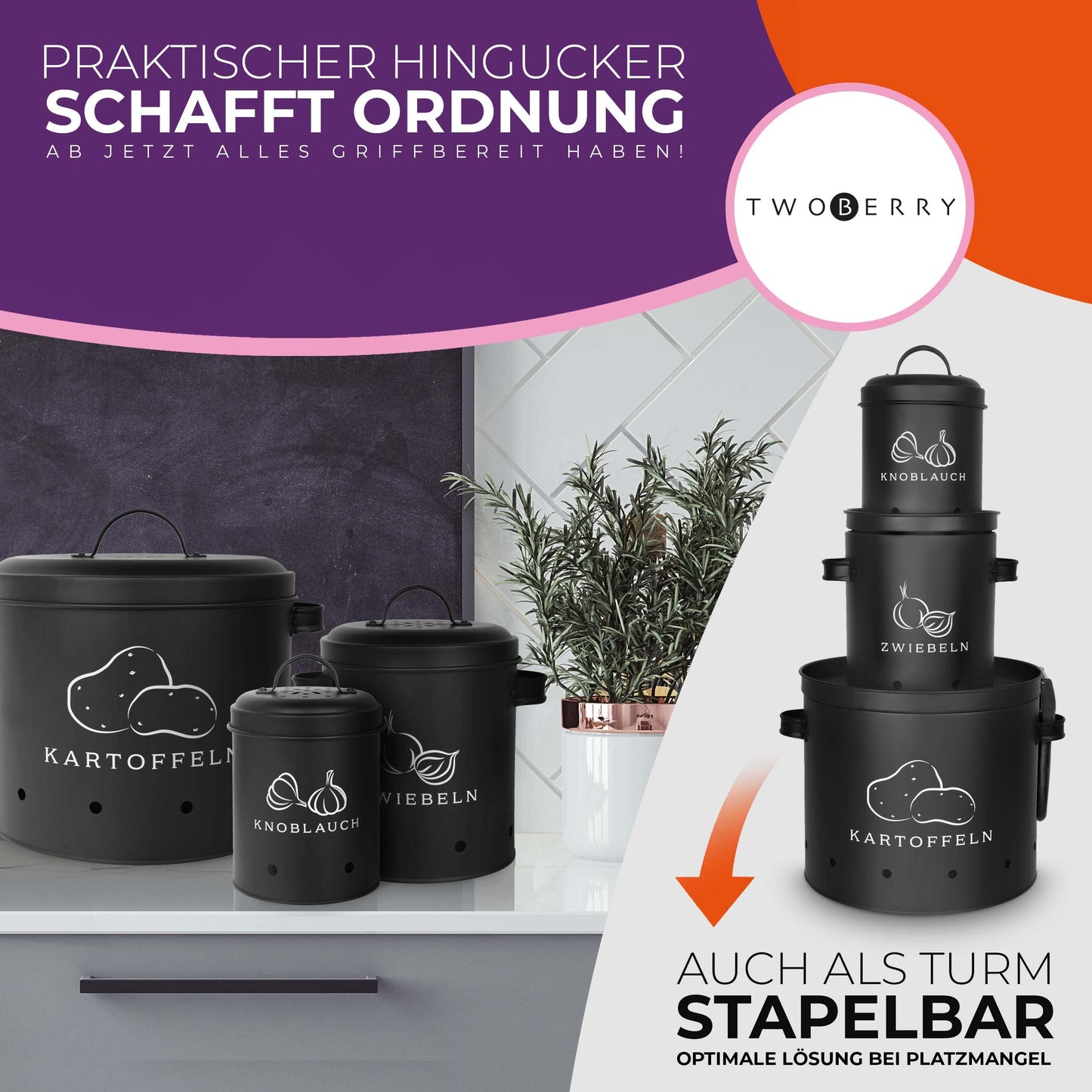 TWOBERRY Kartoffel Aufbewahrungsbox [3er Set] inkl. Sparschäler- längere Haltbarkeit durch 360° Luftzirkulation - Zwiebel , & Knoblauch Aufbewahrung Küche
