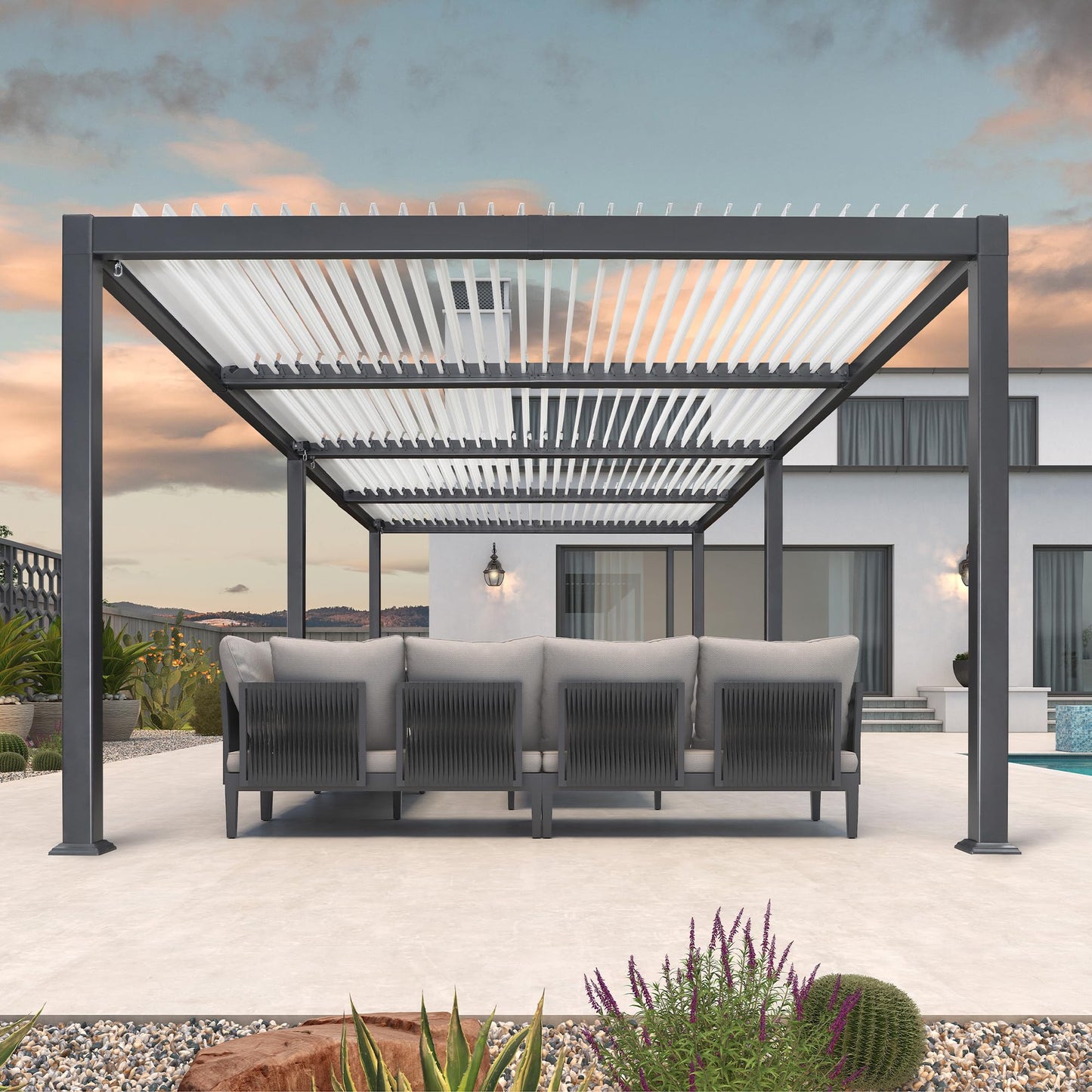 PURPLE LEAF Pergola 3.45 x 8.3 m Wasserdicht Stabil Winterfest Alu Pergola Freistehend mit Lamellendach Terrassenüberdachung mit Alu-Lamellen für Partyzelt, Grauer Rahmen und Weißes Dach