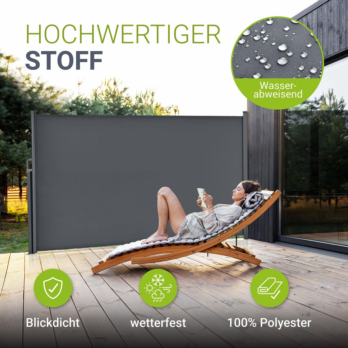 Juskys Seitenmarkise Dubai 200 x 300 cm ausziehbar Blickdicht, Sichtschutz für Balkon & Terrasse, Seitenrollo mit Wandhalterung - grau