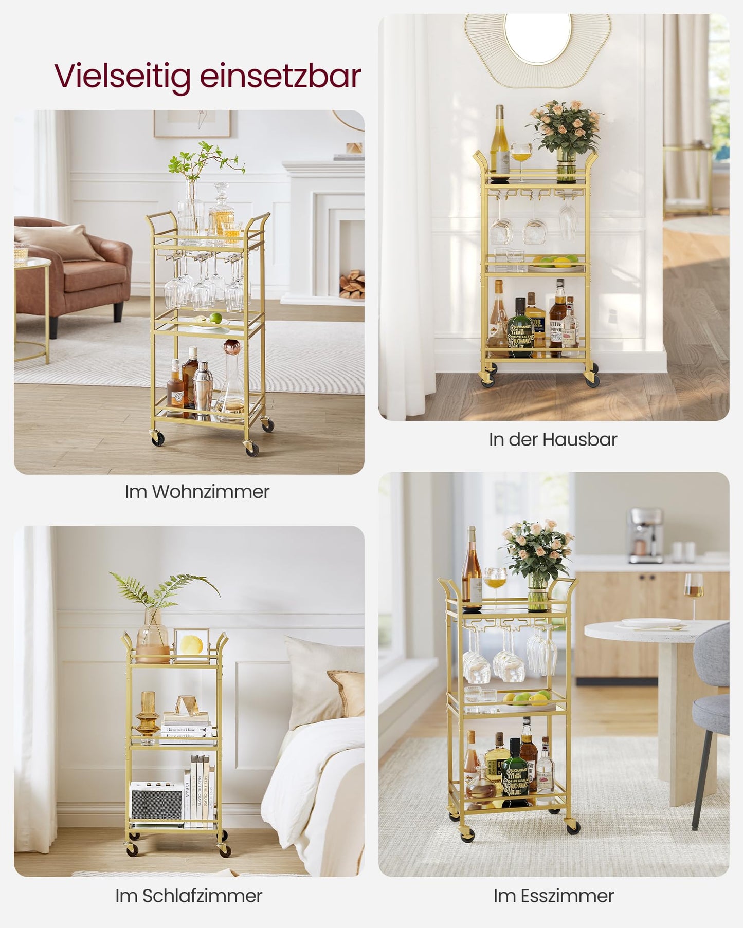 VASAGLE Servierwagen, 3 Ebenen, Rollwagen, mit Rollen, Griffen, verspiegelte Glasablagen, für kleine Räume, Küche, Esszimmer, Bar, goldfarben LRC091A62