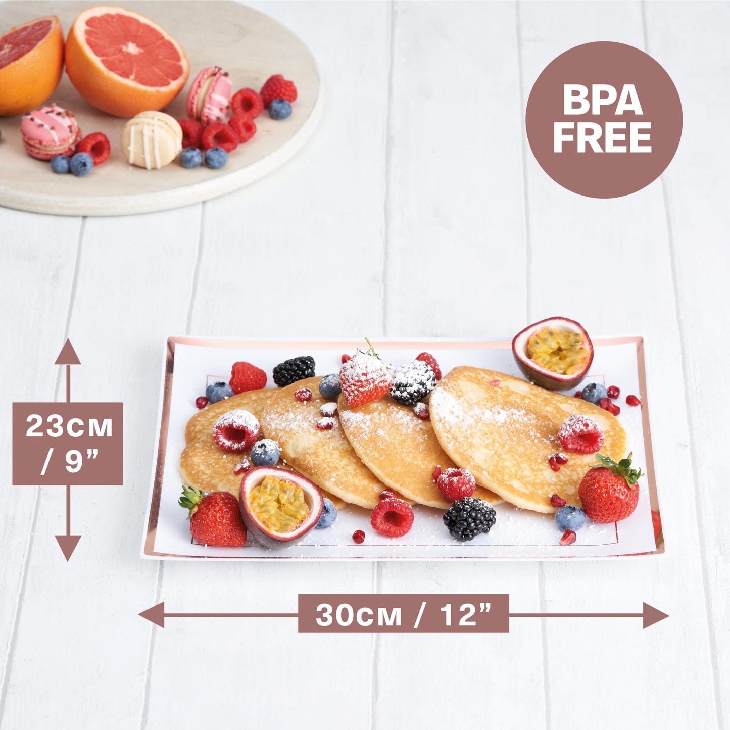 MATANA 6 Weiße Plastik Servierplatten mit Kupferrand für Vorspeisen & Fingerfood - Catering, Buffets, Geburtstage, Partys - 30x 22 cm