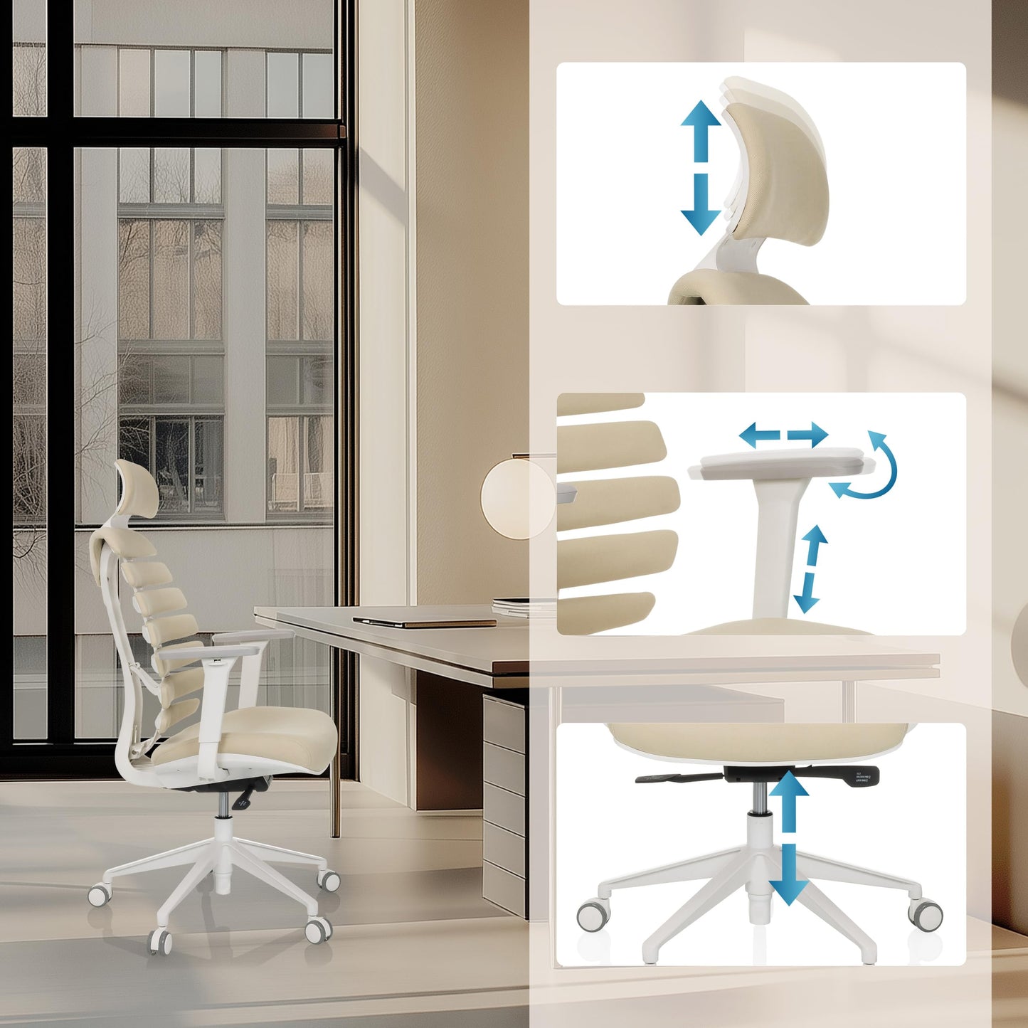 hjh OFFICE Ergo LINE W Bürostuhl – ergonomischer Drehstuhl mit Lordosenstütze & Kopfstütze, Beige