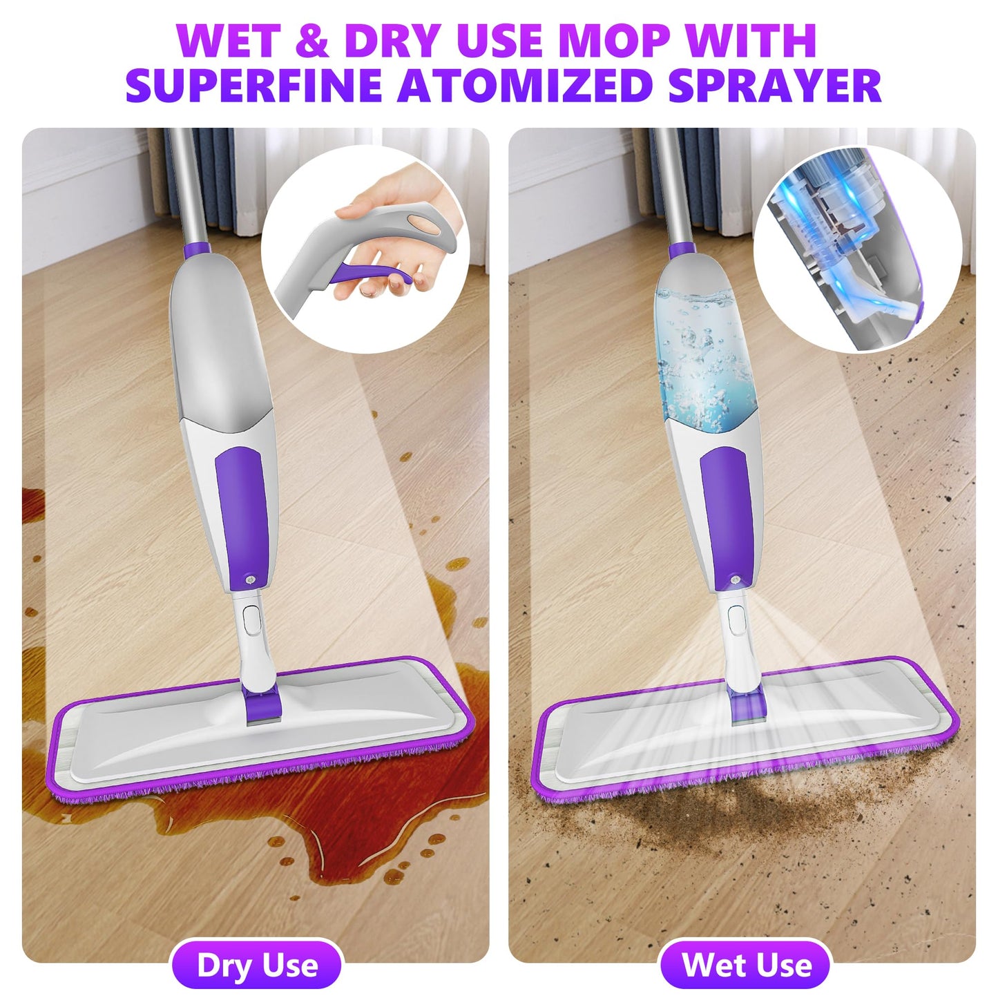 Wischer mit Sprühfunktion Sprühwischer - SEVENMAX Wischmopp Bodenwischer mit Sprühfunktion und 3 Mikrofaser Bezug 550ML Wassertank Spray Mop für Fliesen Laminat Parkett Holzböden Schnelle Reinigung