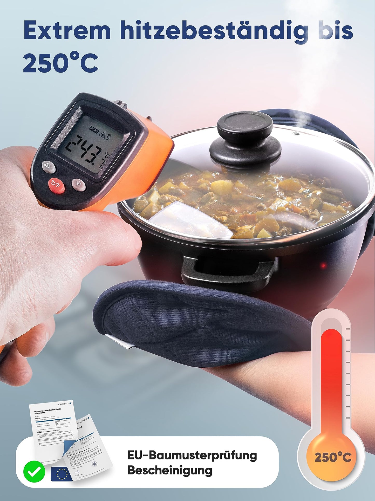 WOHNHELD® Topflappen Set (Hitzebeständig bis 250°C) weiche & waschbare Baumwolle, Ofenhandschuhe Topfuntersetzer Topfhandschuhe Rund Grau
