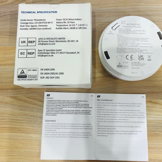 Rauchmelder 10 Jahre Batterie, HATHEPHS Photoelektrischer Feuermelder Brandmelder mit Klebepad, Rauchwarnmelder mit Stummschaltfunktion, EN14604, 1 Stück