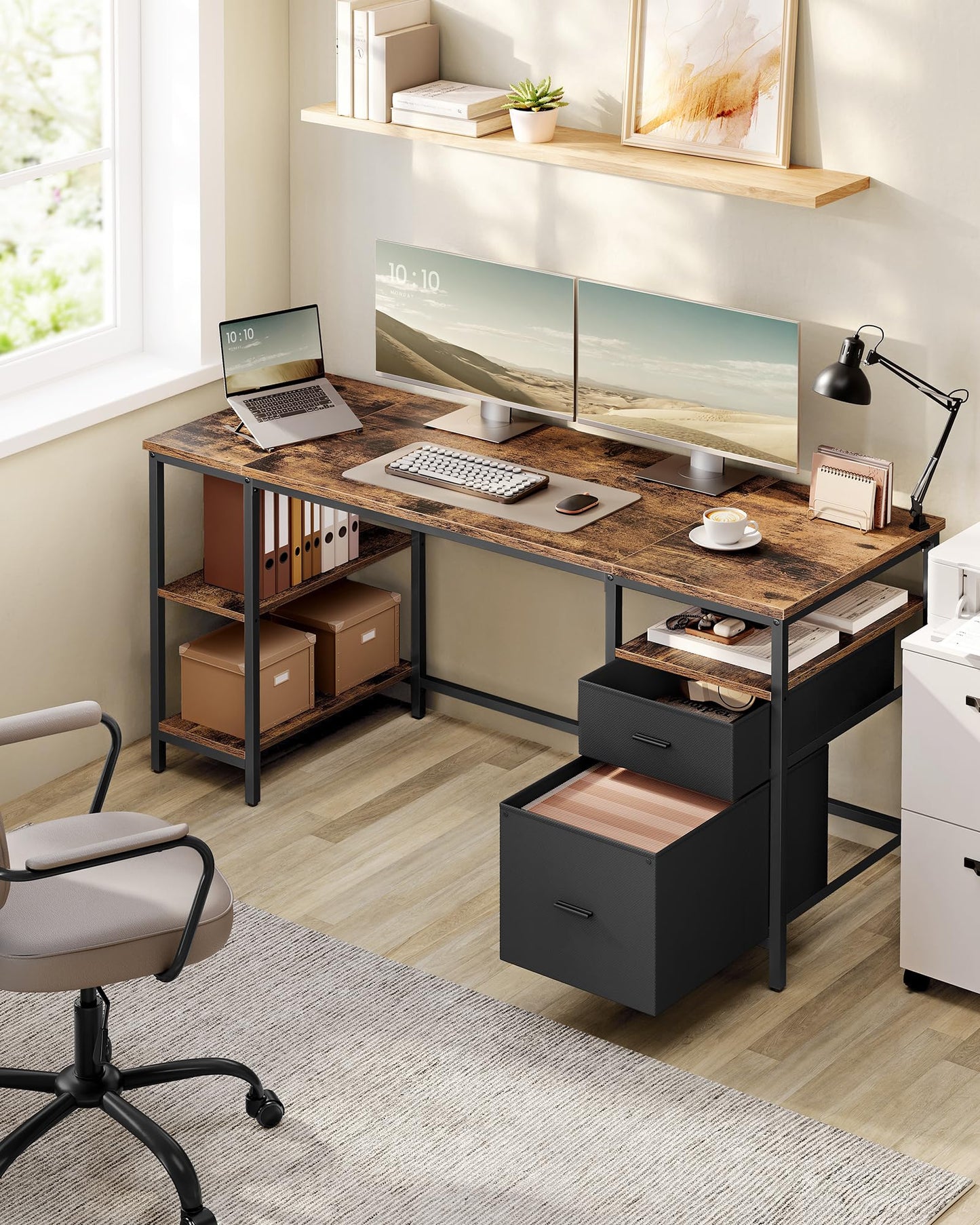 VASAGLE Computertisch, Bürotisch, Schreibtisch, mit 3 Ablagen, 2 Schubladen, 160 x 60 x 76 cm, fürs Büro, Wohnzimmer, Industrie-Stil, vintagebraun-schwarz LWD105K01