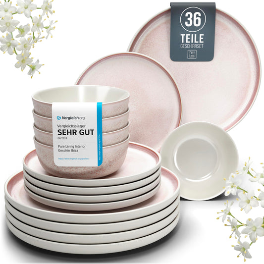 Steingut Geschirrset 12 Pers. Ibiza 36-tlg Hochwertiges Mediterranes TEST SEHR GUT Steingut Geschirr Set - Schüssel- und Teller Set - Tafelservice 12 Personen Geschirrsets Pure Living Beige und Rose